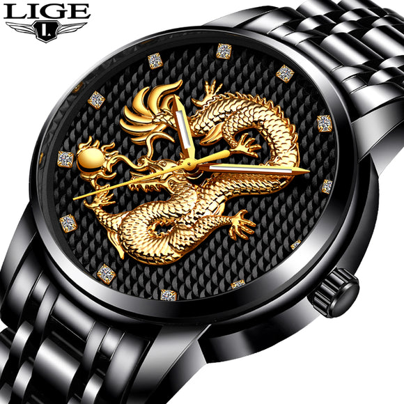 LIGE Luxury Gold Dragon Sculpture Quartz Watch